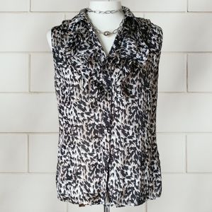 Tahari ruffle front sleeveless button front blouse black white tan print size S